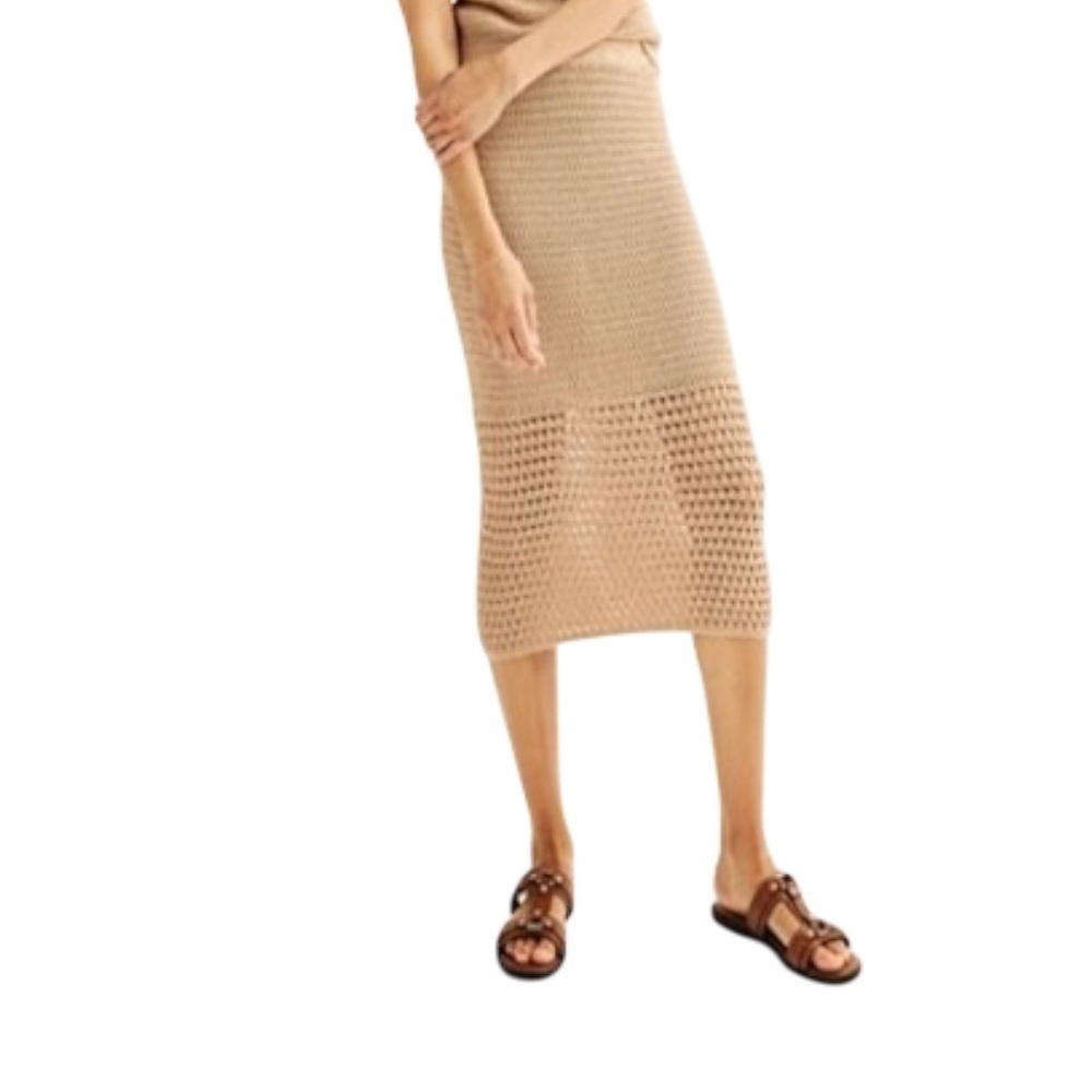 Nine West Tan Crochet Knit Midi Skirt Women’s Large layering NWT granola‎